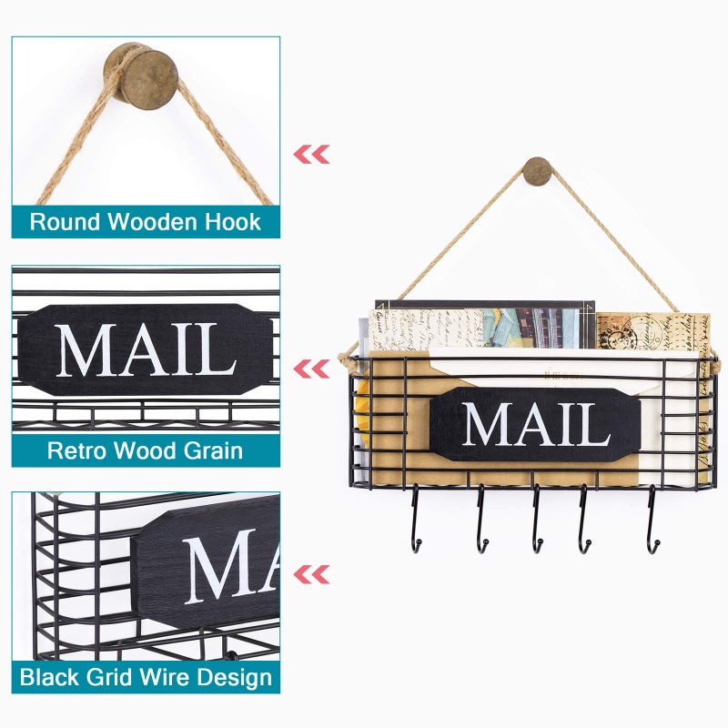 SRIWATANA Rustic Mail Key Holder, Mail Organizer Wall Mount with 5 Hooks Large, Black - Image 3
